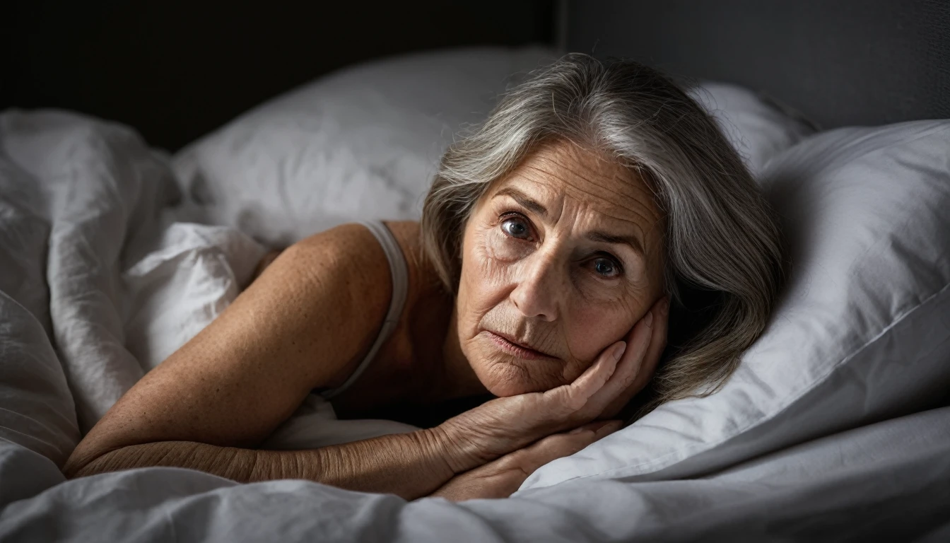 "Create a high-resolution image of a real woman aged approximately 50, lying in your bed, waking up very scared from a nightmare, with hands on face. Your expression should reflect surprise and fear, with eyes wide open and eyebrows raised. Detail your face with subtle wrinkles and expression lines that show your age. The environment should be a dark room, illuminated only by a soft night light that comes through the window, creating dramatic shadows and highlighting the woman&#39;s striking features. Lighting should be dim, suggesting a scene during the dawn, with the woman partially covered by the sheets."