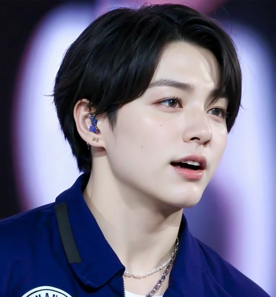 Kpop boy, Jeon Jungkook, smooth skin, big eyes, beautiful lips.