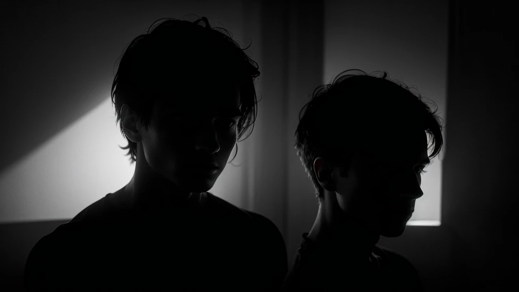 a person sitting on a bed in a dark room, blurred out, chiaroscuro lighting, moody atmosphere, dramatic shadows, cinematic, high contrast, somber mood, pensive expression, introspective, psychological portrait, dark and moody, dramatic lighting, deep shadows, gloomy, melancholic, intimate, voyeuristic, obscured face, partially hidden, minimal detail, atmospheric, emotive, contemplative, psychological, introspective, moody lighting, dramatic shadows, cinematic composition, intimate and pensive, psychological portrait, moody and atmospheric, dramatic lighting, deep shadows, gloomy and melancholic