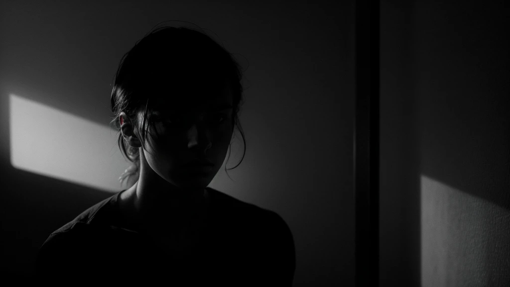 a person sitting on a bed in a dark room, blurred out, chiaroscuro lighting, moody atmosphere, dramatic shadows, cinematic, high contrast, somber mood, pensive expression, introspective, logical portrait, dark and moody, dramatic lighting, deep shadows, gloomy, melancholic, intimate, voyeuristic, obscured face, partially hidden, minimal detail, atmospheric, emotive, contemplative, psychol, introspective, moody lighting, dramatic shadows, cinematic composition, intimate and pensive, psychologicarait, moody and atmospheric, dramatic lighting, deep shadows, gloomy and melancholic