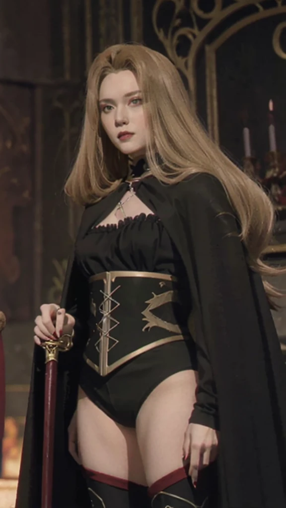 Portrait of a beautiful vampire mature woman of tall stature, ash blonde hair, long and parted in the middle, extremely pale skin, crimson red eyes, serious expression, wearing a black corset and black shorts, black thigh high boots. The woman's body has a black cape and a silver sword-shaped brooch.