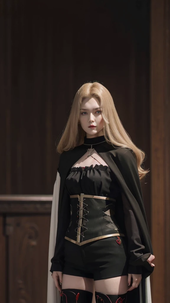 Portrait of a beautiful vampire mature woman of tall stature, ash blonde hair, long and parted in the middle, extremely pale skin, crimson red eyes, serious expression, wearing a black corset and black shorts, black thigh high boots. The woman's body has a black cape and a silver sword-shaped brooch.