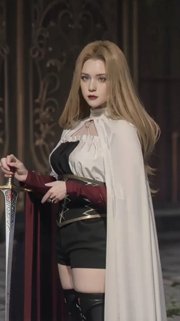 Portrait of a beautiful vampire mature woman of tall stature, ash blonde hair, long and parted in the middle, extremely pale skin, crimson red eyes, serious expression, wearing a black corset and black shorts, black thigh high boots. The woman's body has a black cape and a silver sword-shaped brooch.