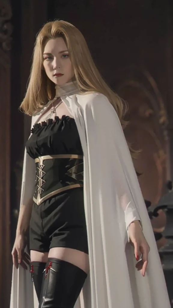 Portrait of a beautiful vampire mature woman of tall stature, ash blonde hair, long and parted in the middle, extremely pale skin, crimson red eyes, serious expression, wearing a black corset and black shorts, black thigh high boots. The woman's body has a black cape and a silver sword-shaped brooch.