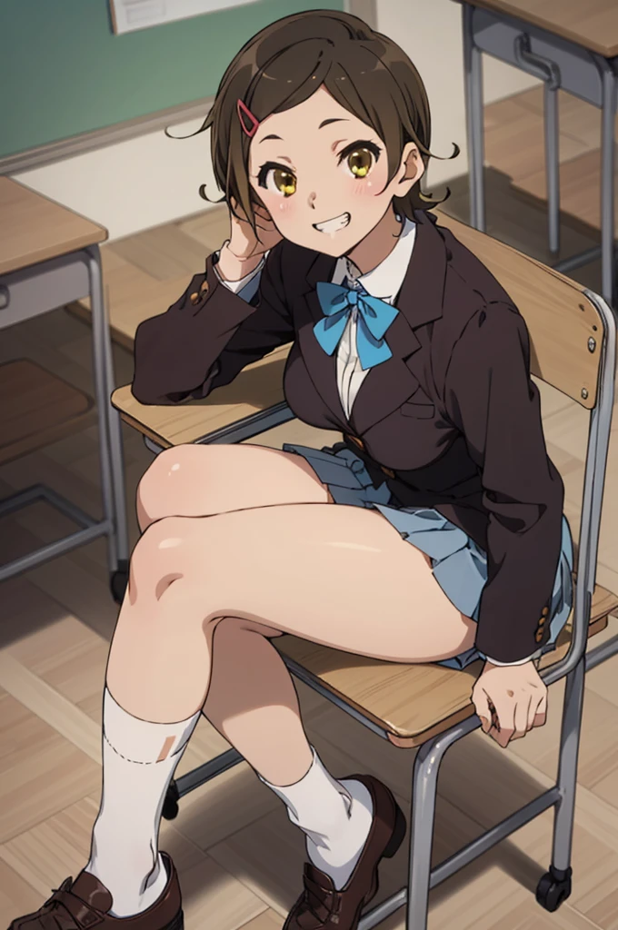 solo, 1girl, , hazuki katou,.,looking viewer ,grin,medium breasts,classroom,blazer,miniskirt,socks,sitting on chair,thigh