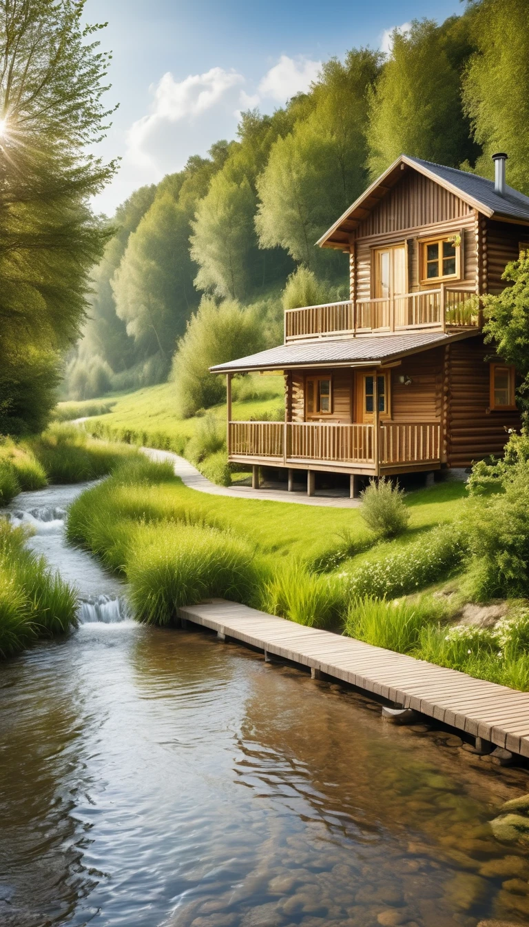 countryside landscape with a wooden cabin with a small terrace with a river 