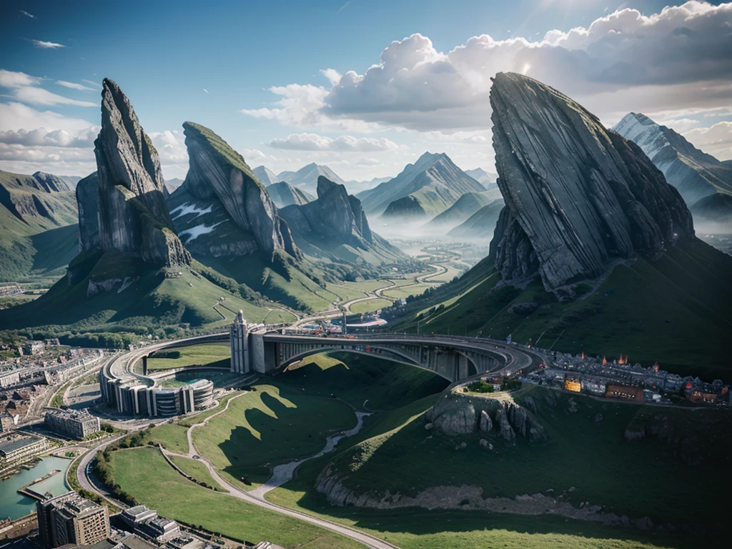 futuristic city, fantasy, 23rd century, England, mountains