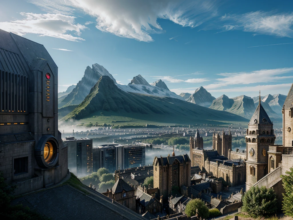 futuristic city, fantasy, 23rd century, England, mountains