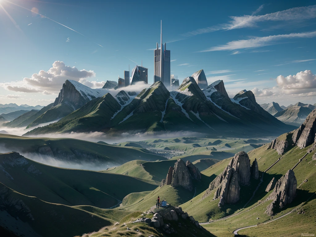 futuristic city, fantasy, 23rd century, England, mountains