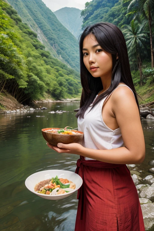 a woman holding a bowl of food in front of a river, beautiful young himalayan woman, south east asian with round face, beautiful asian girl,...