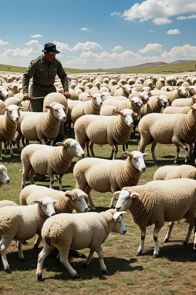 Shepherd tearing sheep in front of other sheep 