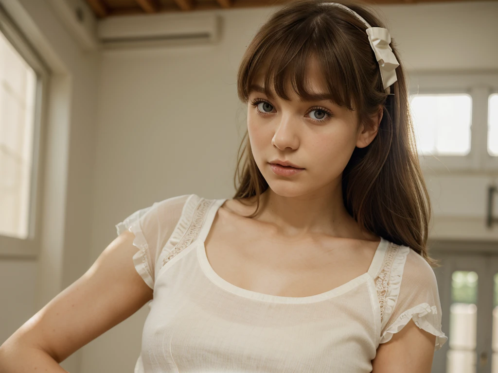 (extremely delicate and beautiful: 1.2), 1girl, fashi-girl, bangs, pretty eyes, bow, brown hair, closed mouth, sideways, hair between eyes, hair bow, short sleeves, looking at the viewer, medium hair, solo, upper body, school uniform: 1.3, ((solo)), (masterpiece), blonde