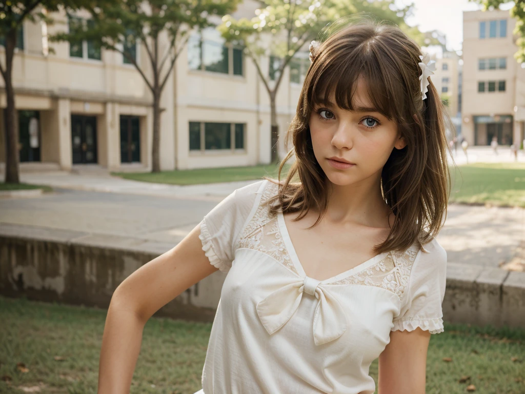 (extremely delicate and beautiful: 1.2), 1girl, fashi-girl, bangs, pretty eyes, bow, brown hair, closed mouth, sideways, hair between eyes, hair bow, short sleeves, looking at the viewer, medium hair, solo, upper body, school uniform: 1.3, ((solo)), (masterpiece), blonde