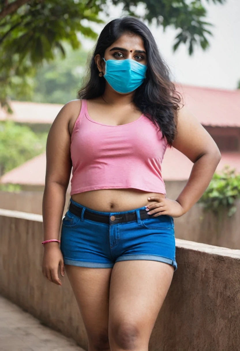 full body shot, phone photo of an 18 year old poor chubby Indian girl in blue shorts and pink top, wearing a black mask, cleavage clearly visible.