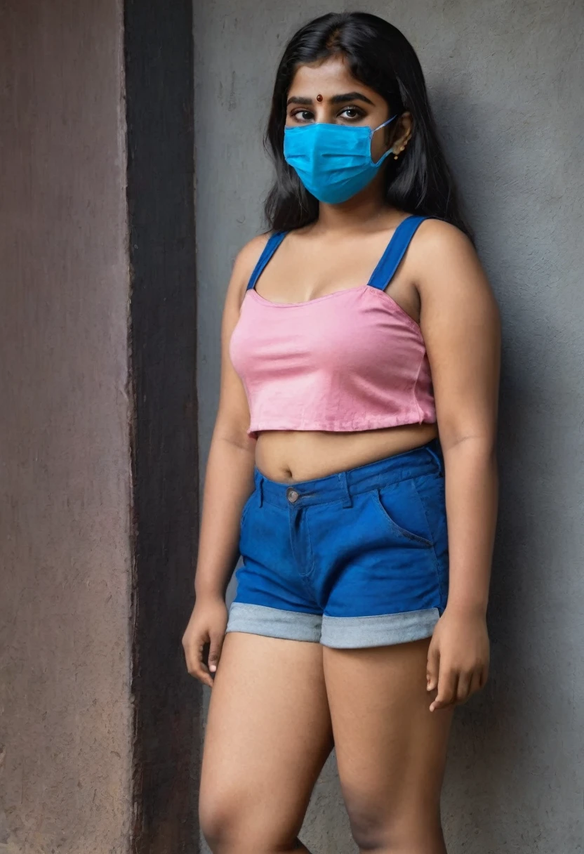  full body shot, phone photo of an 18 year old poor chubby Indian girl in blue shorts and pink top, wearing a black mask, cleavage clearly visible.