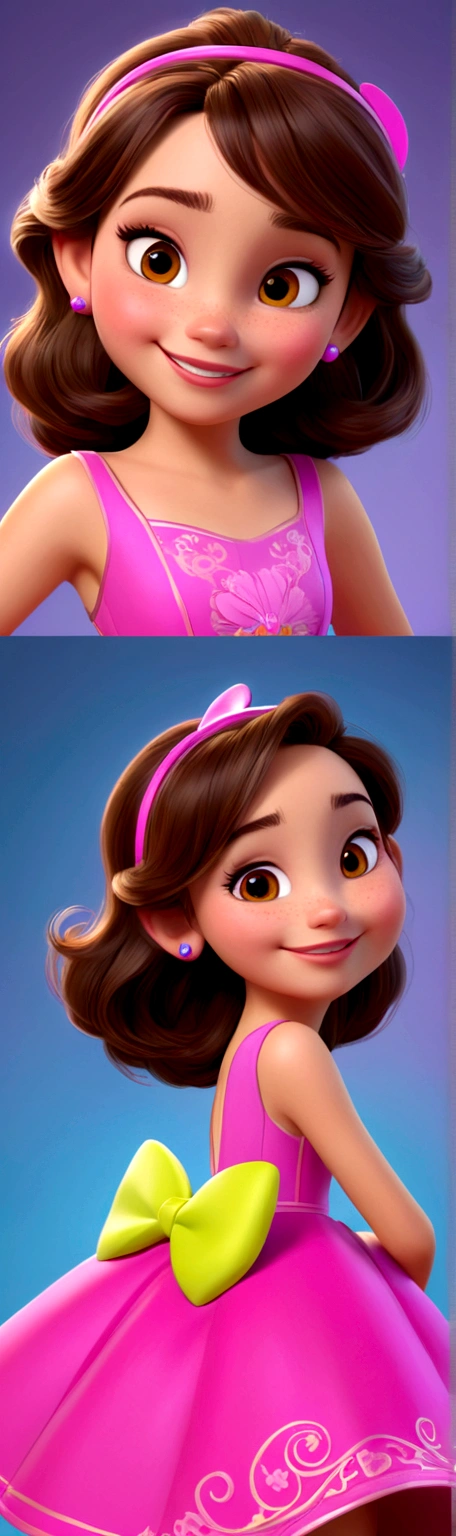 Generate a 3D 10 year old model of a Disney character with brown hair and brown eyes, wearing neon dress, radiant and happy. The model must be detailed enough to support 16K resolution, capturing the character'its joyful and vibrant essence.