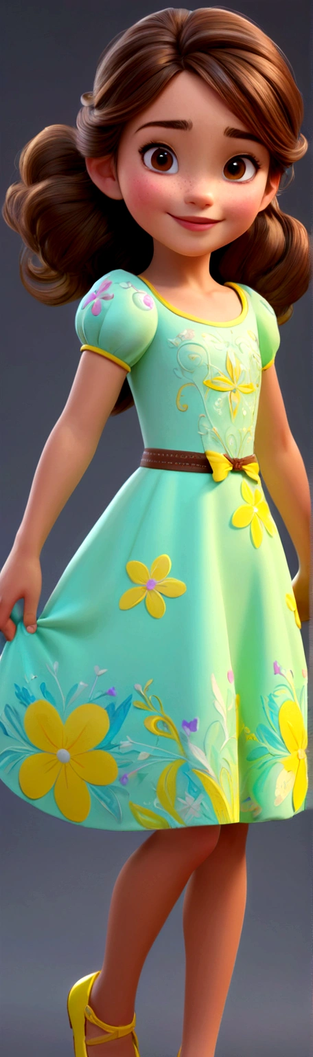 Generate a 3D  model of a Disney character with brown hair and brown eyes, wearing neon dress, radiant and happy. The model must be detailed enough to support 16K resolution, capturing the character&#39;its joyful and vibrant essence.