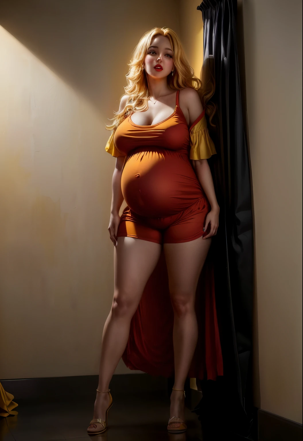Красивая pregnant woman in yellow dress standing against wall in bedroom, full red lips, pregnant belly, дама in a yellow dress, pregnant, in a yellow dress, pregnancy, posing in the bedroom, with yellow rags, general plan of the whole body, yellow clothes, her belly is thick and round, The feeling of motherhood, in a T-shirt and shorts, Side view of her steps, Beautiful yellow woman