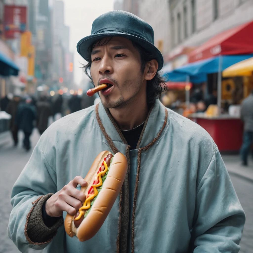 Ice man eating a hot dog in the city,Wearing rough clothes,masterpiece、Highest quality,Fantasy,live-action