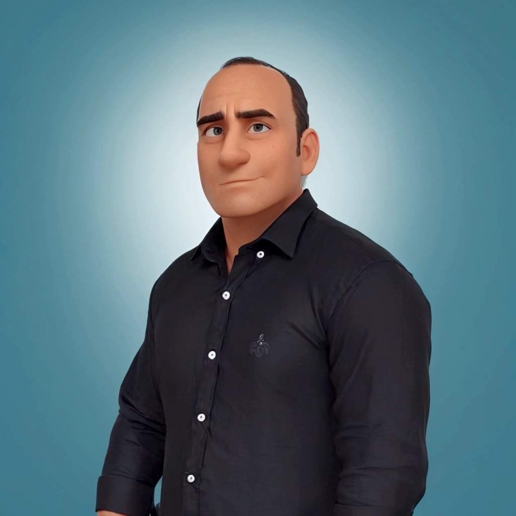 man wearing a black formal t-shirt, with a serious face and a slight smile