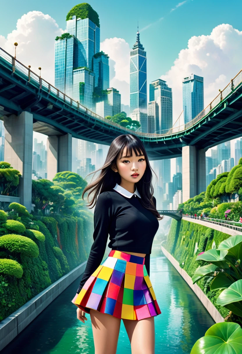 A captivating surreal image, captured from a hip-level perspective, showcases a playful Asian girl dressed in the latest Chanel fashion. She dons a vibrant mini-skirt composed of colorful square patterns, creating a whimsical yet sophisticated look. The background artfully blends urban and nature elements, with towering buildings and lush greenery intertwining both worlds. A modern bridge connects these contrasting realms, while a monochrome cityscape in the distance adds depth. The overall composition masterfully highlights the girl's distinctive style and her harmonious connection with her dreamlike urban surroundings.