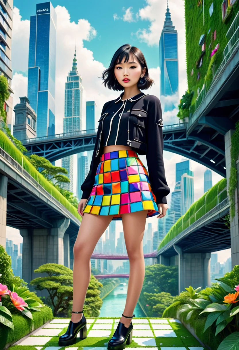 A captivating surreal image, captured from a hip-level perspective, showcases a playful Asian girl dressed in the latest Chanel fashion. She dons a vibrant mini-skirt composed of colorful square patterns, creating a whimsical yet sophisticated look. The background artfully blends urban and nature elements, with towering buildings and lush greenery intertwining both worlds. A modern bridge connects these contrasting realms, while a monochrome cityscape in the distance adds depth. The overall composition masterfully highlights the girl's distinctive style and her harmonious connection with her dreamlike urban surroundings.