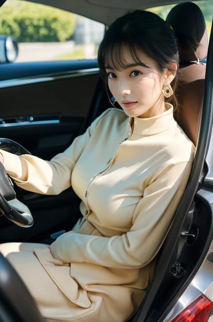 Assistant seat、Inside the car at the driving school, driving school instructor, ((full body)), ((photo)), ((best qualtiy, 8K, tmasterpiece:1.3)), Focus:1.2, perfect figure beautiful girl:1.4, 1girl, cowboy shot, look at viewer, incredibly absurd, beautiful and cute girl with a photorealistic face, showcasing top-quality craftsmanship, A Japanese woman sitting in the passenger seat of a car at a driving school, 22 years old, has long, shiny, straight black hair, long bangs cut above her eyes as see-through bangs, large, dark eyes, long eyelashes, cat-like eyes with slightly upturned corners, well-defined eyebrows, double eyelids, straight nose, thin lips but a healthy, natural red color, well-aligned teeth, sharp jawline, fair, clear skin, smooth skin, long limbs, tall, slender, well-balanced proportions, beautiful C-cup breasts, wearing a white blouse with a black tight skirt and a beige jacket over it. The skirt is knee-length, an elegant and chic outfit, a single diamond earring in her left ear, and a slim gold ring on her middle finger on her right hand, a beautiful older woman, beautiful, neat, serious, responsible, kid, April