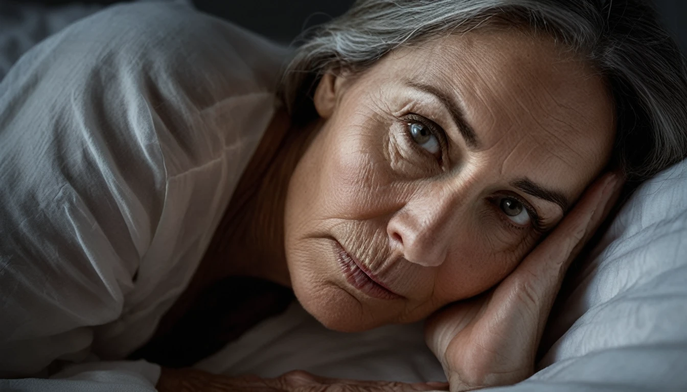 "Create a high-resolution image of a real woman aged approximately 50, lying in your bed, waking up very scared from a nightmare, with hands on face. Your expression should reflect surprise and fear, with eyes wide open and eyebrows raised. Detail your face with subtle wrinkles and expression lines that show your age. The environment should be a dark room, illuminated only by a soft night light that comes through the window, creating dramatic shadows and highlighting the woman&#39;s striking features. Lighting should be dim, suggesting a scene during the dawn, with the woman partially covered by the sheets."