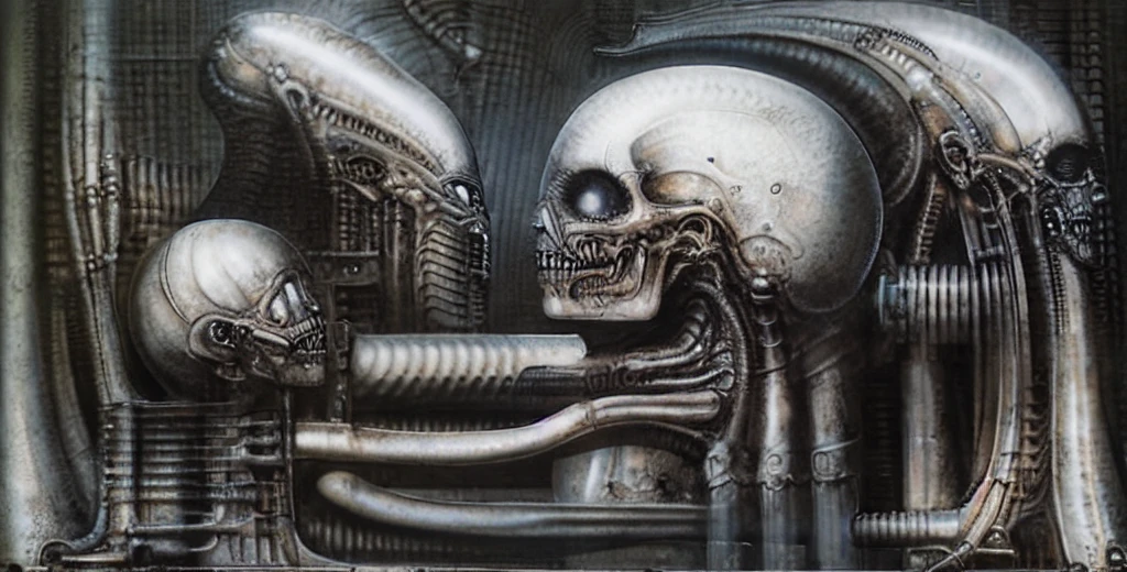 Giger_style, The image is a detailed view of H.R. Giger's \" Landscape XVI \" plate, featuring a complex network of bones and organs in a purple-brown hue ,swirling gray and brown colors. The artwork is silver and purplish brown, with an ivory bones prominently displayed. The image is highly detailed and intricate, almost like a 3d version of a medical diagram
The image is an artistic representation of a mechanical structure with pipes and gears, with a skeletal creature and a windmill blade.


The image depicts a surreal, anatomical illustration of a alien body with a skeleton inside, surrounded by a network of tubes and pipes.

biomechanical landscape by Hans Rudie Giger composed of fossilized and mummified alien life forms. Image depicts a strange and dreamlike, combines biological and mechanical ,managed  to dreamlike quality. Centralized recognizable shapes of skulls, rib cages, and spines, all intertwined with tubes and cables. These shapes suggest fossilized mummified alien life forms. Central skeletal structures and what appears to be a ribcags of ivory in the foreground are the most identifiable organic elements. The mechanical elements are evident in the wires and tubes emanating from the skeletals, as well as the smooth metallic tubes. In the background shapes are visible that could be interpreted as other fossilized or mummified alien life.
Light source from the top highlights skeletals, upper part of foreground, lower part of image is in shadow.


The piece is a tableau, most likely created with a India ink pen or pencil on paper, determined by the thin lines, shading techniques, and the texture of the paper, which is visible around the edges.
used is pen, given the shading and variations in line weight visible in the image. One have used a variety of pencils with different degrees of hardness to achieve the shading effects

The style  is clearly biomechanical. Features combination of organic and mechanical forms. 