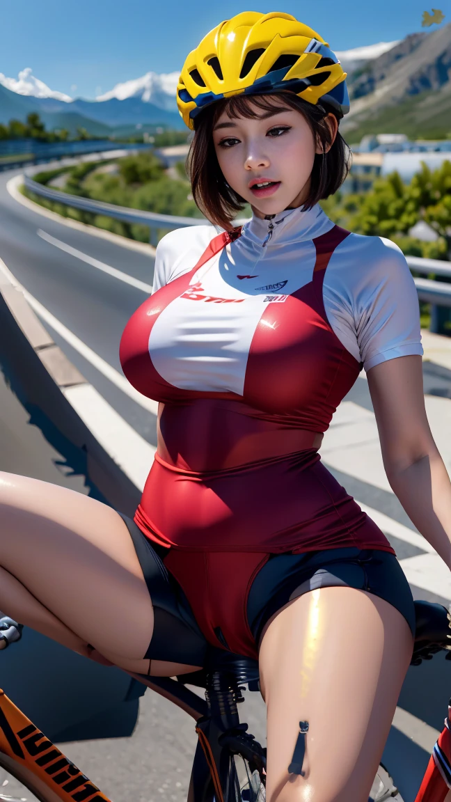 (8K、ultra high resolution、highest quality、masterpiece、realistic、ultra high resolution:1.2)、High-definition RAW color photo、professional photos、 (whole body:0.8)、(realistic、photo realistic、motion blur:1.2)、(Must have big breasts、pretty big breasts、Always hide all breasts、toned body:1.2)、((Always colorful and very shiny mountain bike racing uniform、A female cyclist who always straddles a Dildo dynamically、(straddle the dildo、insert white dildo in pussy、A large amount of love juice from the crotch):1.3))(Bright colors、vivid lighting、scenic downtown:1.2)(draw diagonally from below、natural skin texture、fine skin、hyper realism、intricate details、Depth of the bounds written、adult woman、(masterpiece、highest quality、high detail))、Definitely ahegao、eyes are out of focus、Big eyes、Clear double eyelids、perfect face、orgasmic face、Helmet(eyes closed lip glossy have short black bob) extremely wide open mouth. shock
