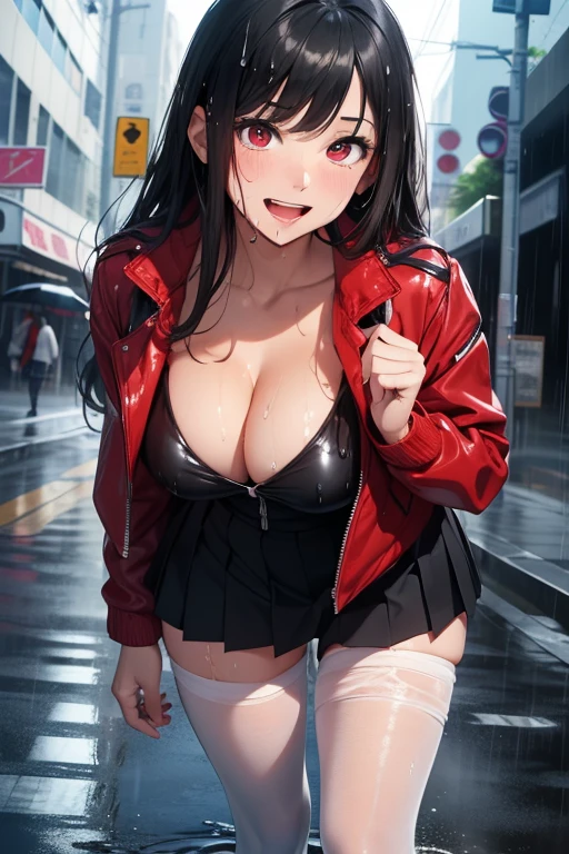(masterpiece, best quality, ultra-detailed, 8k, wallpaper, photorealistic), (close-up shot), beautiful girl, voluptuous body, perfect hands, (hmjy1), (exposed cleavage), (wet long sleek hair), (blunt bangs), red eyes, (Yumeko Jabami), (wet , wet red jacket, wet black pantyhose, wet see-through white shirt, black ribbon), (a wet black and grey checkered mini skirt, pleated skirt), (one hand at the back of her head, one hand on her waist), (heavy rain), wet long sleeves, psycho smile, excited smile, open mouth, erotic face, red face, wet skin, wet pavement
