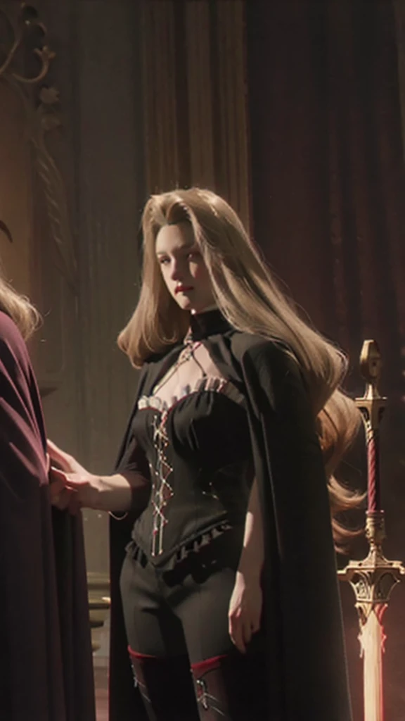 Portrait of a beautiful vampire mature woman of tall stature, ash blonde hair, long and parted in the middle, extremely pale skin, crimson red eyes, serious expression, wearing a black corset and black shorts, black thigh high boots. The woman's body has a black cape and a silver sword-shaped brooch.