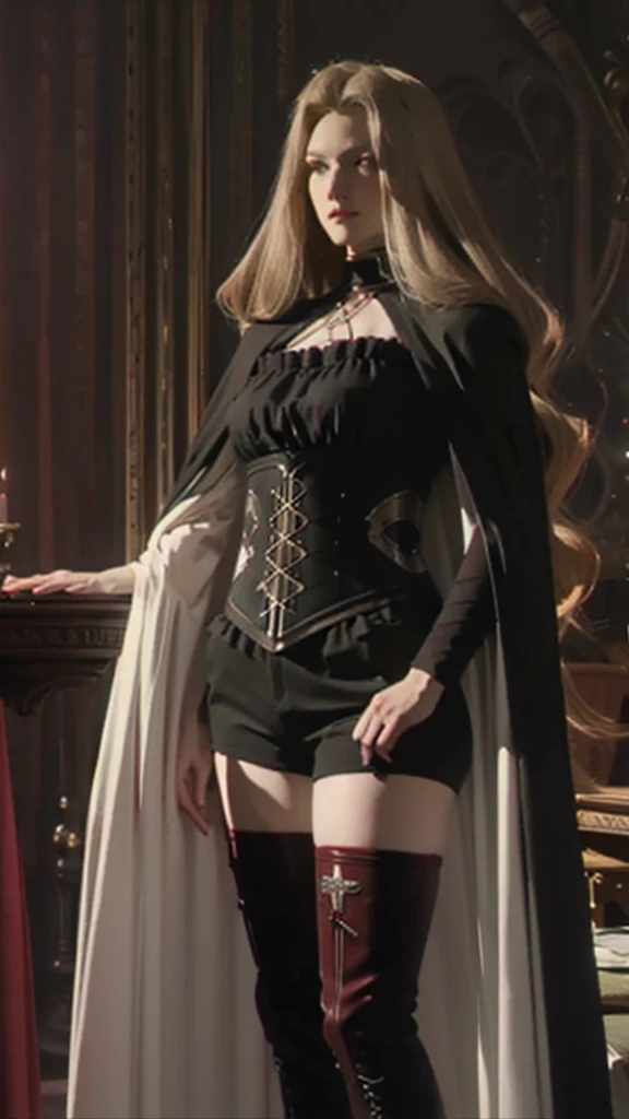 Portrait of a beautiful vampire mature woman of tall stature, ash blonde hair, long and parted in the middle, extremely pale skin, crimson red eyes, serious expression, wearing a black corset and black shorts, black thigh high boots. The woman's body has a black cape and a silver sword-shaped brooch.