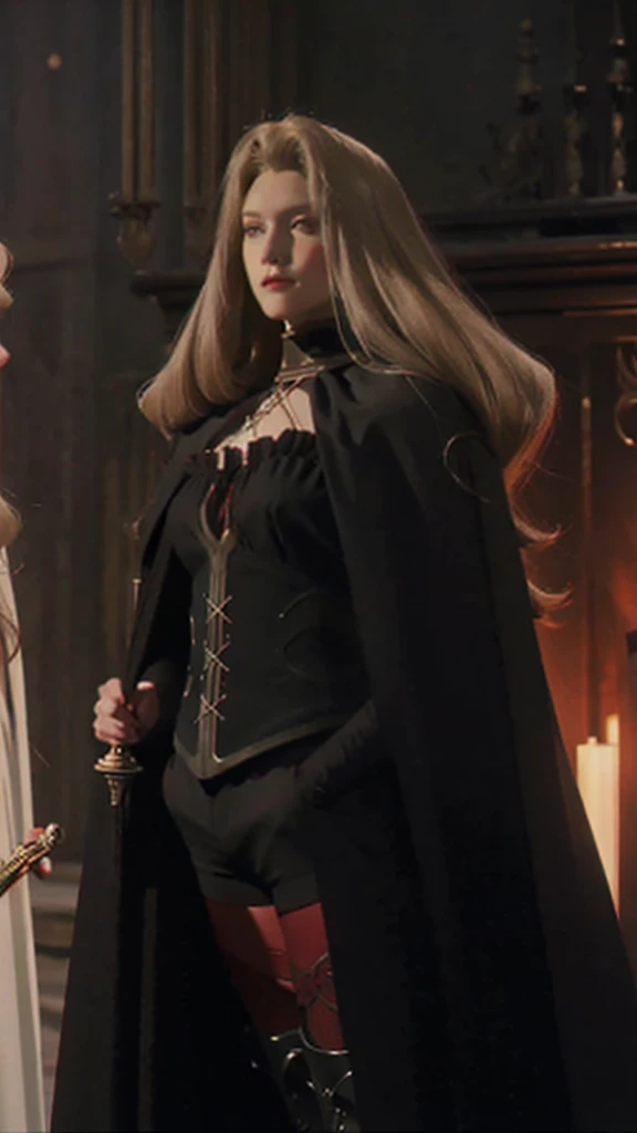 Portrait of a beautiful vampire mature woman of tall stature, ash blonde hair, long and parted in the middle, extremely pale skin, crimson red eyes, serious expression, wearing a black corset and black shorts, black thigh high boots. The woman's body has a black cape and a silver sword-shaped brooch.