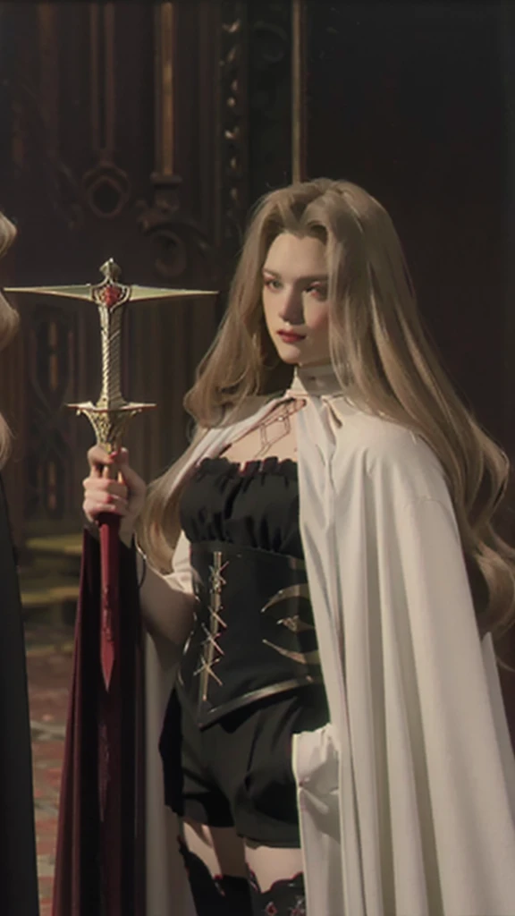 Portrait of a beautiful vampire mature woman of tall stature, ash blonde hair, long and parted in the middle, extremely pale skin, crimson red eyes, serious expression, wearing a black corset and black shorts, black thigh high boots. The woman's body has a black cape and a silver sword-shaped brooch.