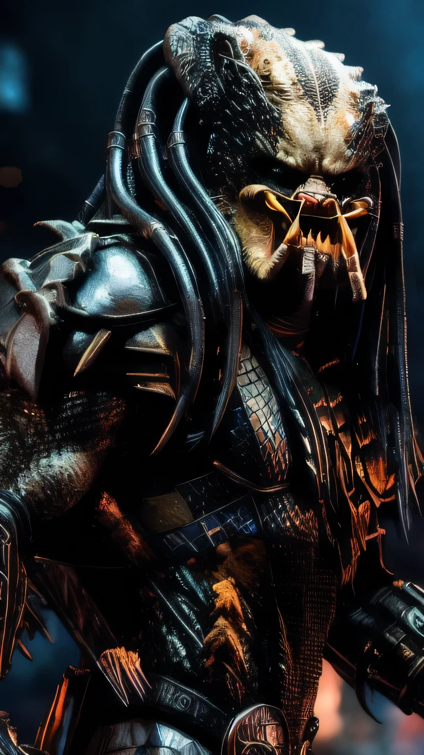 dark scene, a ((close-up portrait)) of a Yautja predator with sharp teeth, detailed head and face, perfect teeth,  perfect body, night, city street, mist, particles, serious, dark armosphere, detailed background, high quality, award winning ,  in the style of Jim Lee, Marvel Comics,