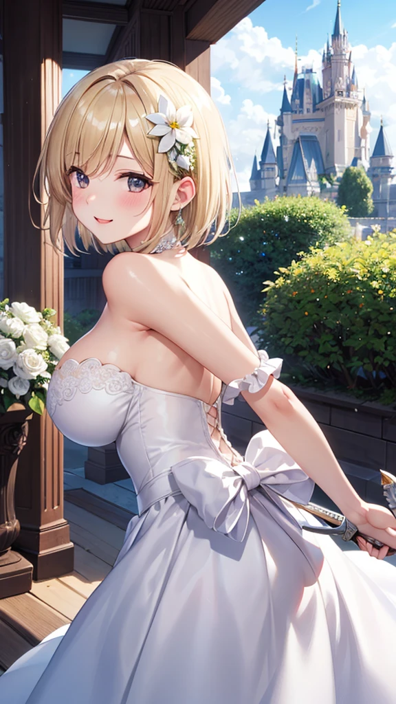 masterpiece、Highest quality、blonde、(((Short Hair)))、White flower corsage、blush、woman、Big Breasts、(((turn around)))、sword、（white short wedding dress）、Frilled Skirt、White flower scenery inside the castle、Like a bride、Very detailed、One person、smile、The face is Djeeta、Off the shoulder、Natural Hands、White skin、Accentuate your butt、8K、Two arms、I can&#39;t see your pants、I can see your thighs