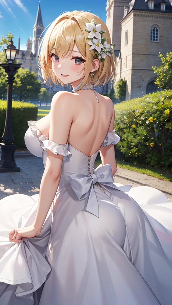 masterpiece、Highest quality、blonde、(((Short Hair)))、White flower corsage、blush、woman、Big Breasts、(((turn around)))、sword、（white short wedding dress）、Frilled Skirt、White flower scenery inside the castle、Like a bride、Very detailed、One person、smile、The face is Djeeta、Off the shoulder、Natural Hands、White skin、Accentuate your butt、8K、Two arms、I can&#39;t see your pants、I can see your thighs