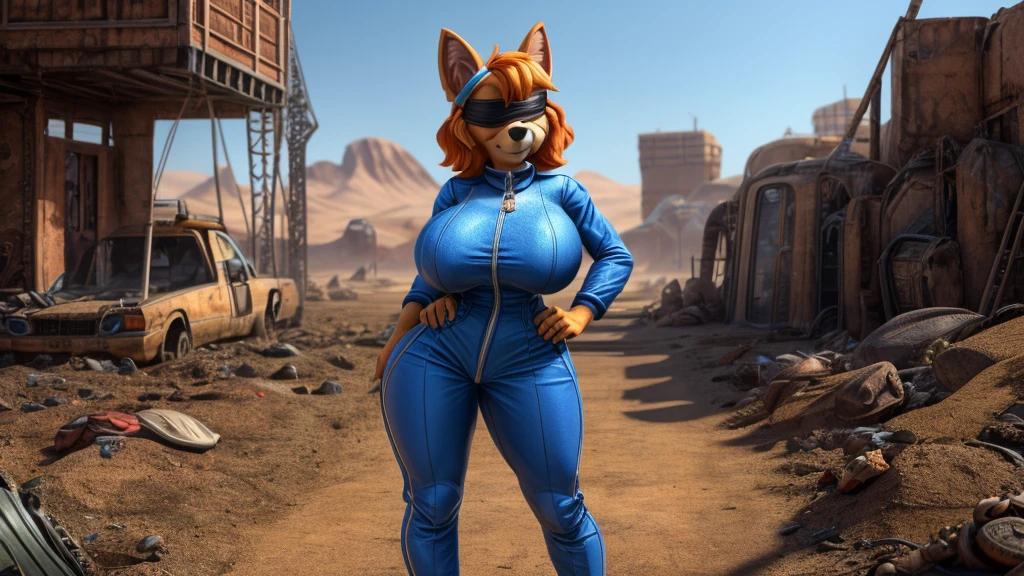 Skye from Paw Patrol, female cockapoo, anthro, mature adult, orange hair with fringe, big breasts, big butt, slim, tall, blindfold, tight blue jumpsuit, wasteland, beautiful, high quality, 4K