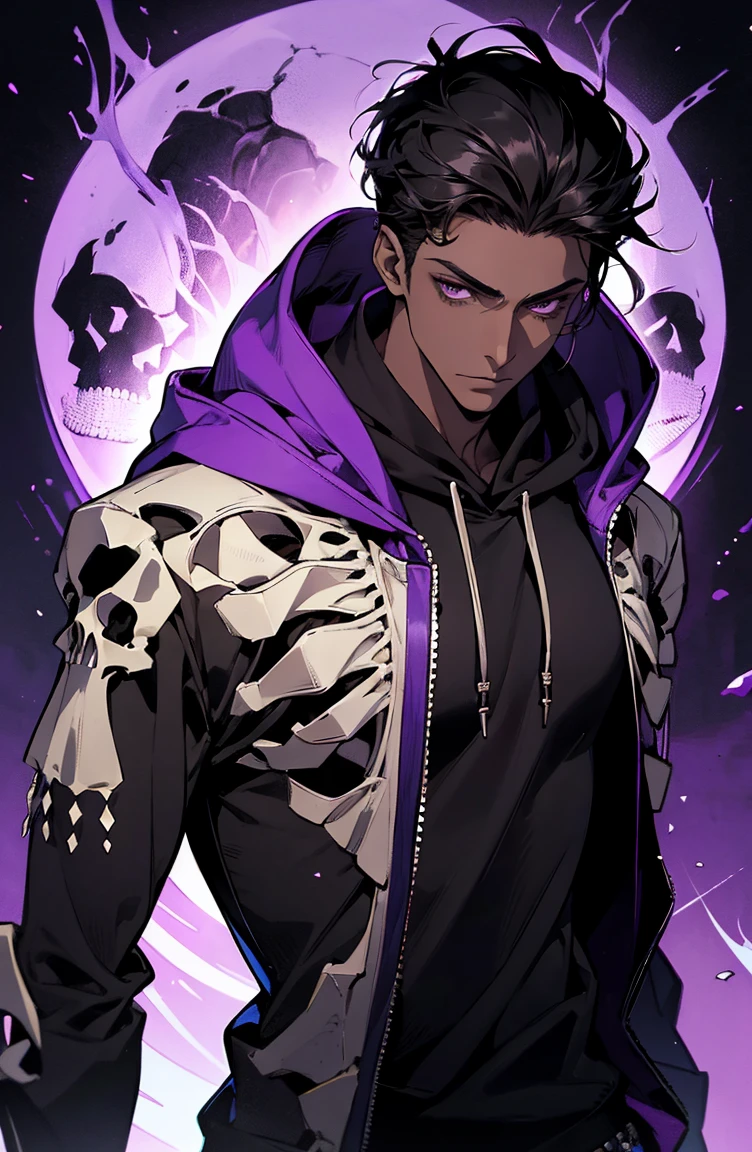 male with bones, looking away from camera, skulls, bones, handsome, black, dark skin, tall, broad shoulders, black hair, purple, purple fire, magic, detailed face, fantasy, hoodie