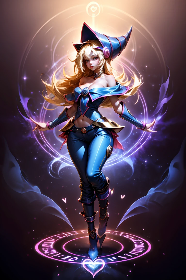 dark magician gils, with high-heels. pants, sexy, Subjective and sensual pose. magic background. Magical heart in the air. magic circle