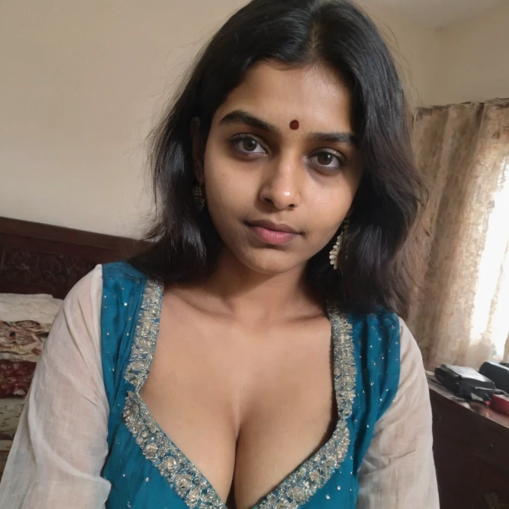 phone photo of an 18year old Indian woman at home, cleavage clearly visible, uploaded on snapchat