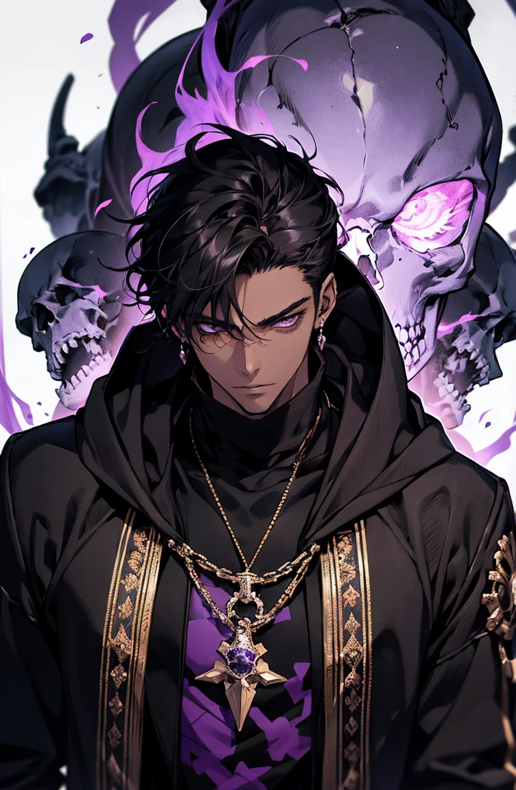 male with bones, looking away from camera, skulls, bones, handsome, black, dark skin, tall, broad shoulders, black hair, purple, purple fire, magic, detailed face, fantasy, hoodie
