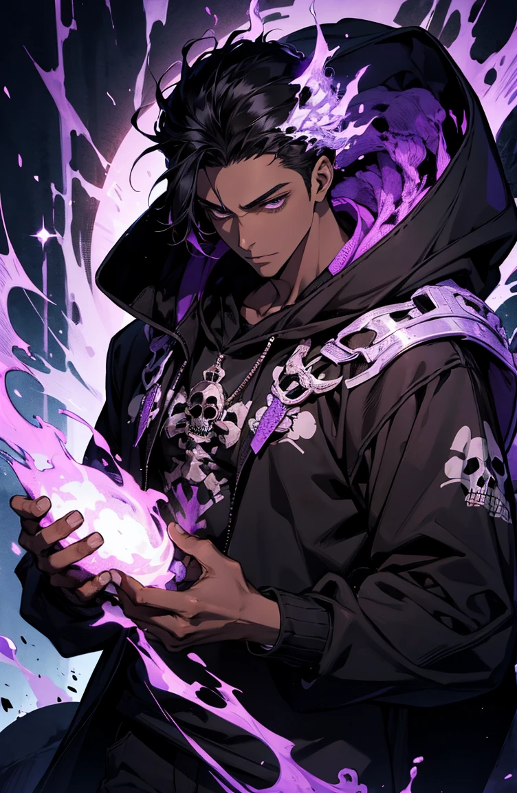 male with bones, looking away from camera, skulls, bones, handsome, black, dark skin, tall, broad shoulders, black hair, purple, purple fire, magic, detailed face, fantasy, hoodie
