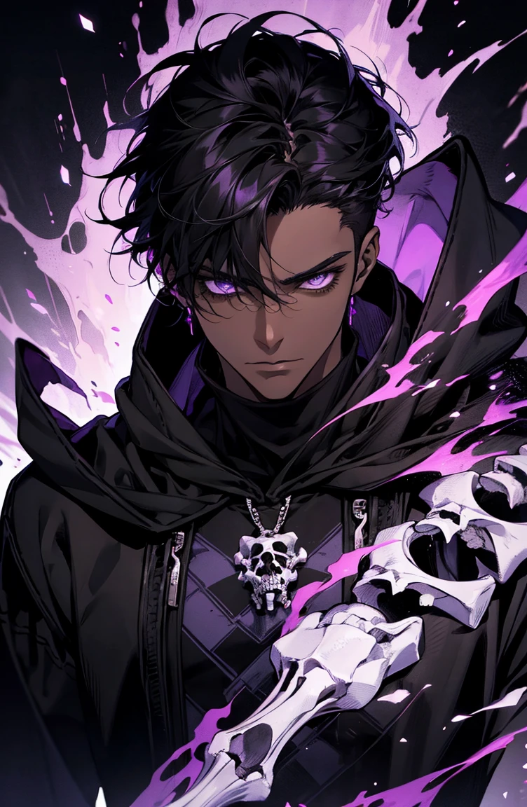 male with bones, looking away from camera, skulls, bones, handsome, black, dark skin, tall, broad shoulders, black hair, purple, purple fire, magic, detailed face, fantasy, hoodie