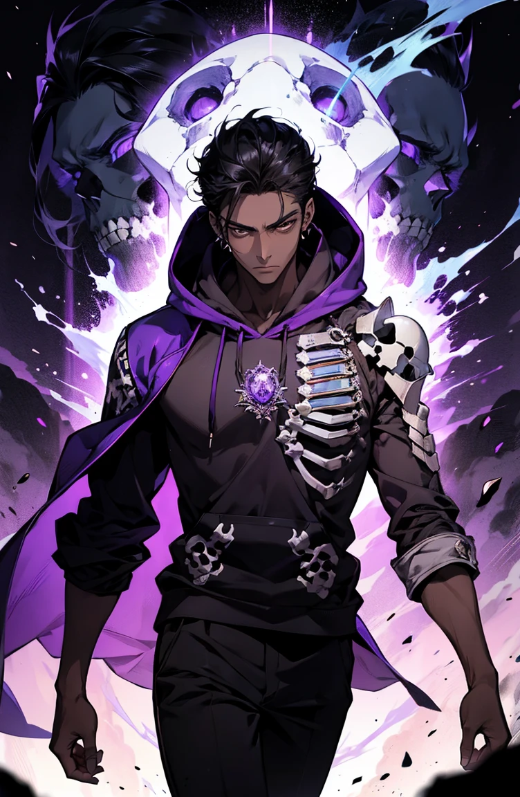male with bones, looking away from camera, skulls, bones, handsome, black, dark skin, tall, broad shoulders, black hair, purple, purple fire, magic, detailed face, fantasy, hoodie