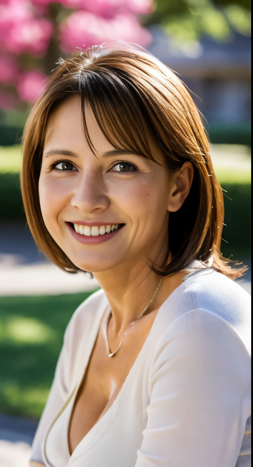 最high quality, In 8K, Masseter region, real, Sharp focus, high quality, High resolution, Detailed face, Fine grain, Thick lips, Background Blur, alone, Full body photography, Middle-aged women, , 65 years old, , Wavy Hair, Cleavage, Wearing a plain short-sleeved knit, Sitting on a park bench, Wrinkles around the eyes, Smiling with teeth showing