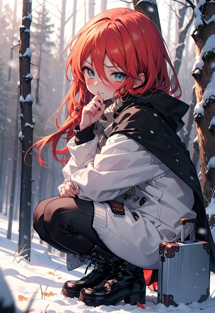 Shana,灼眼のShana,Long Hair, Redhead, Red eyes,Ahoge,,smile,blush,White Breath,
Open your mouth,snow,Ground bonfire, Outdoor, boots, snowing, From the side, wood, suitcase, Cape, Blurred, , forest, White handbag, nature,  Squat, Mouth closed, Cape, winter, Written boundary depth, Black shoes, red Cape break looking at viewer, Upper Body, whole body, break Outdoor, forest, nature, break (masterpiece:1.2), Highest quality, High resolution, unity 8k wallpaper, (shape:0.8), (Beautiful and beautiful eyes:1.6), Highly detailed face, Perfect lighting, Extremely detailed CG, (Perfect hands, Perfect Anatomy),