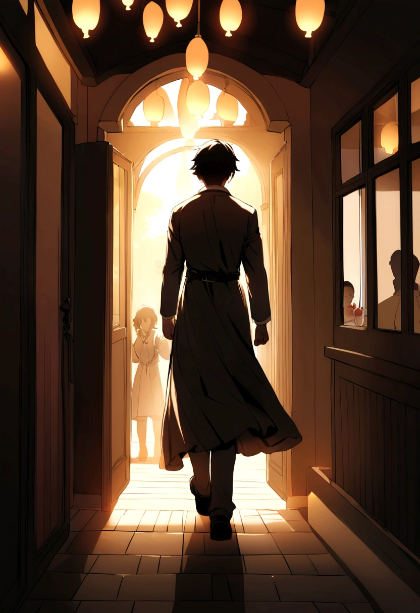 Create a black-haired character walking into a restaurant.