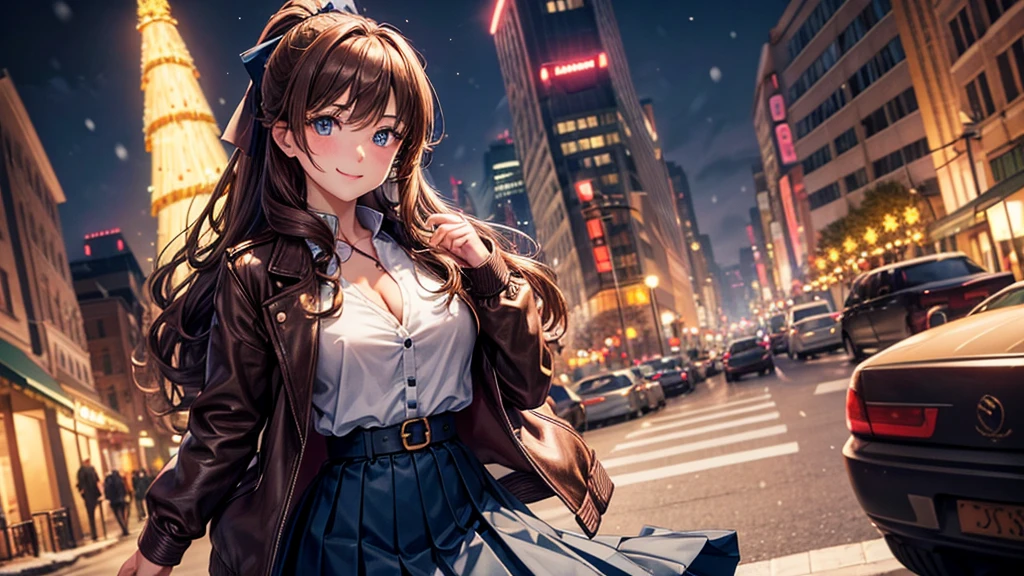 1girl, solo, christmas, ((christmas tree)), street, night, lights, snow, long hair, brown hair, curly hair, ponytail, large full breasts, ((brown leather jacket)), button down shirt, dark blue eyes, ((blue shirt)), ((unbuttoned shirt)), ((long skirt)), smile, ((unbuttoned shirt)), unbuttoning buttons, cleavage 1:3, looking at the viewer, standing, hair ribbon, golden necklate